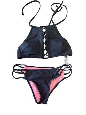 PINK Victoria’s Secret Women's Black & Pink Lace-Up High Neck Bikini Set
